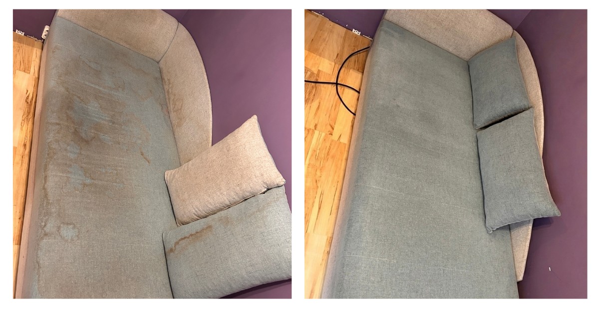 Stan przed praniem i efekt po praniu bardzo zaplamionej kanapy